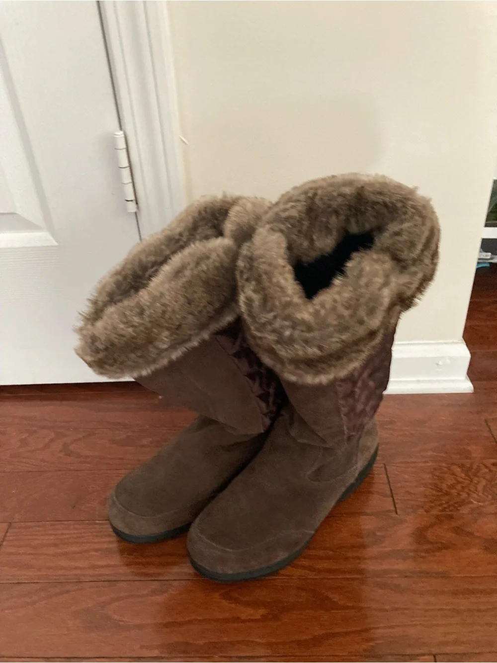 Lands End Winter Snow Boots 9B Sophia Brown Leather Faux Fur Lined Tall Zip Up